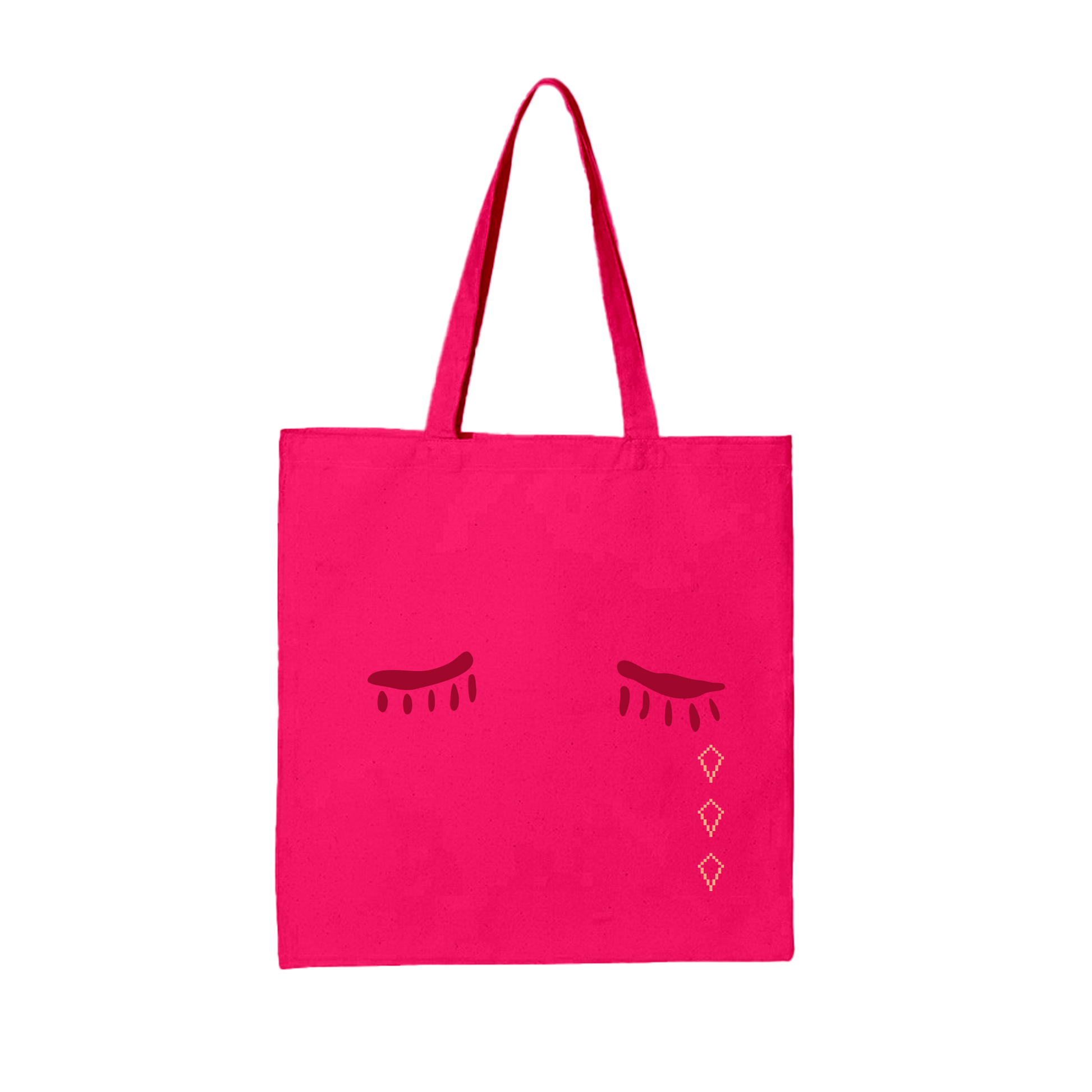 Pink Arcade Fire tote bag with crying eyes print