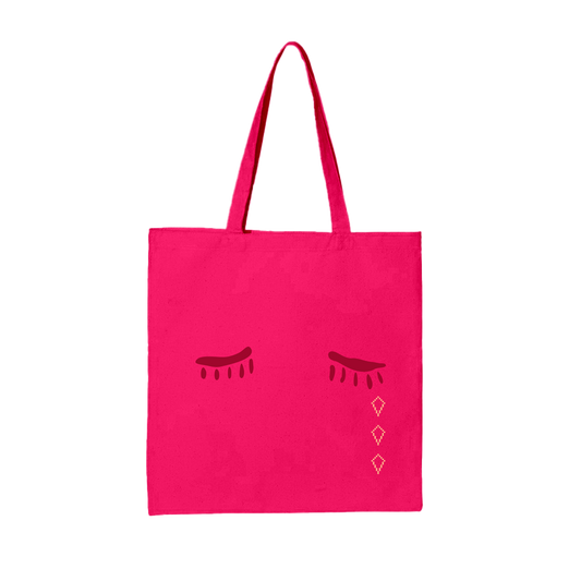 Pink Arcade Fire tote bag with crying eyes print