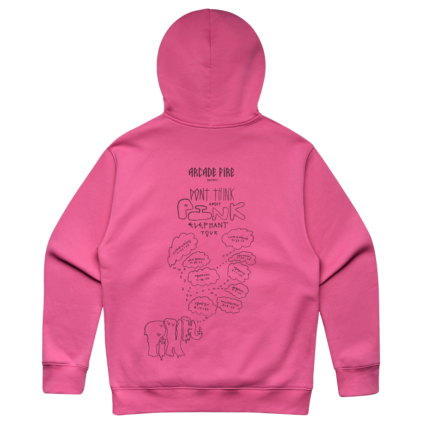 Pink unisex hoodie featuring a Diamond Tears print across the front and Arcade Fire 2025 tour dates across the back.
