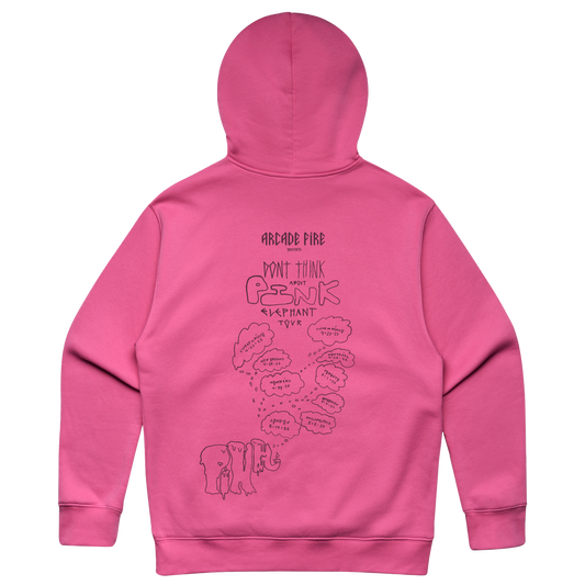 Pink unisex hoodie featuring a Diamond Tears print across the front and Arcade Fire 2025 tour dates across the back.