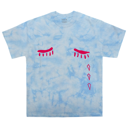 Arcade Fire - Pink Elephant T-Shirt. Unisex short-sleeve light blue tie-dye t-shirt with crying eyes print across the front