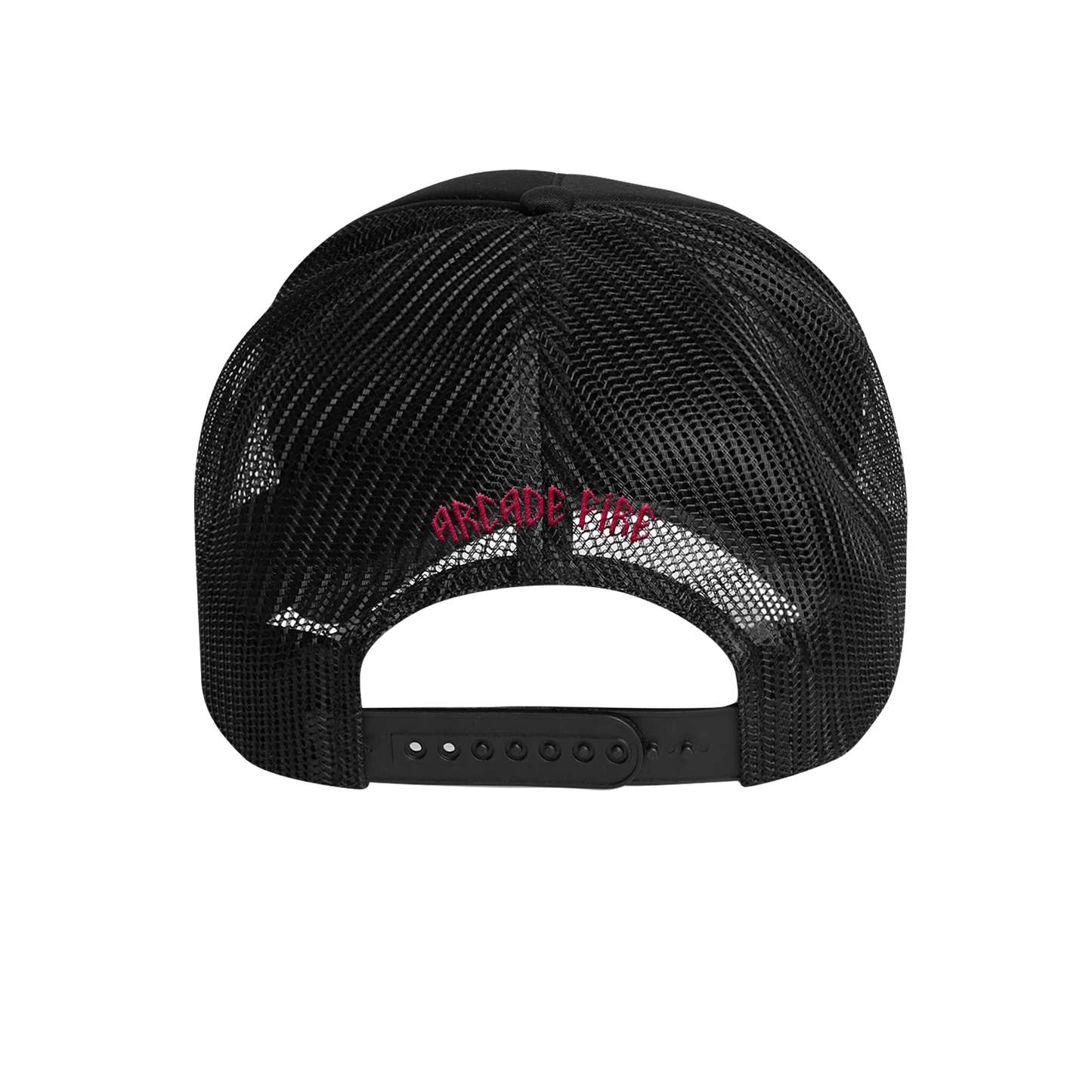 Arcade Fire - Black Trucker hat with pink embroidered "Arcade Fire" motive on the back