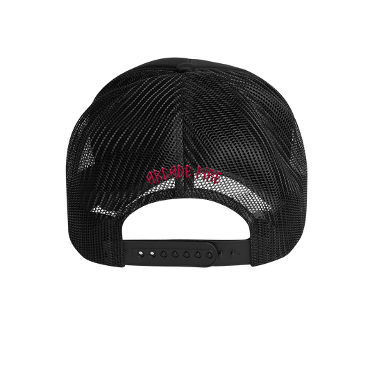 Arcade Fire - Black Trucker hat with pink embroidered "Arcade Fire" motive on the back