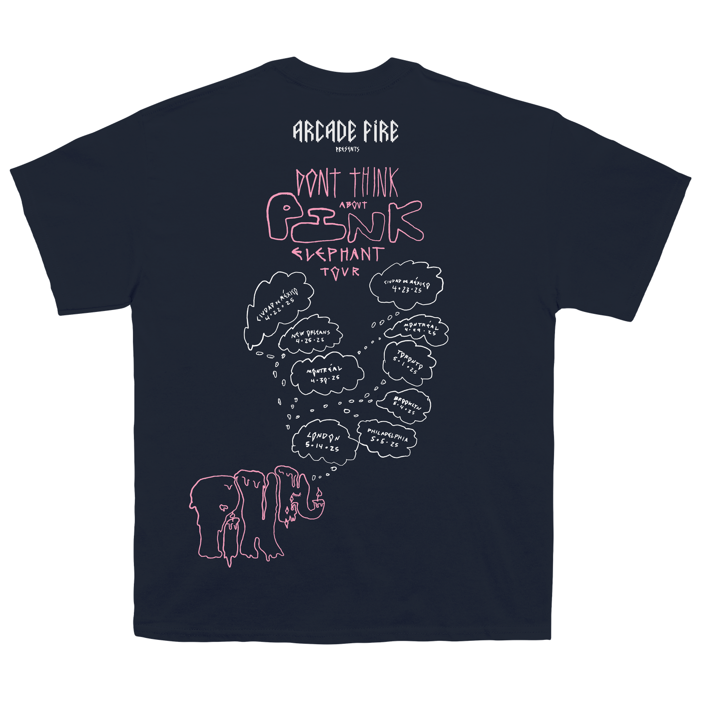 Navy unisex t-shirt featuring a Flower Power print across the front and Arcade Fire 2025 tour dates across the back.