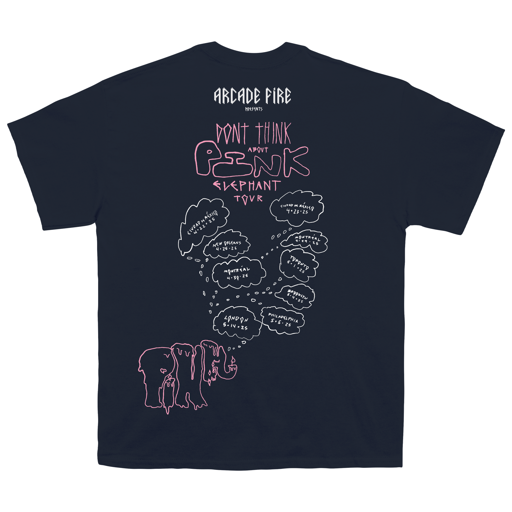 Navy unisex t-shirt featuring a Flower Power print across the front and Arcade Fire 2025 tour dates across the back.