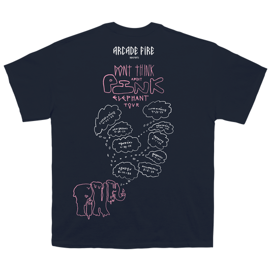 Navy unisex t-shirt featuring a Flower Power print across the front and Arcade Fire 2025 tour dates across the back.