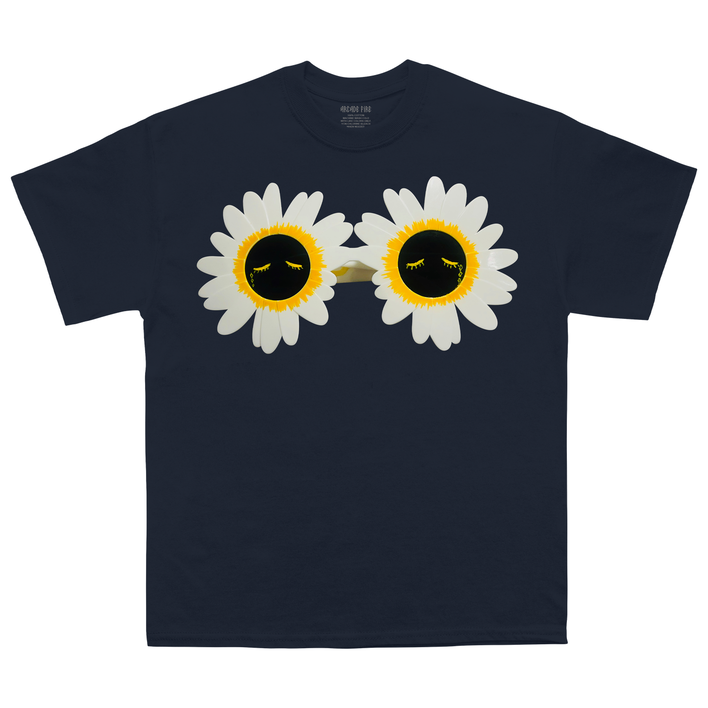 Navy unisex t-shirt featuring a Flower Power print across the front and Arcade Fire 2025 tour dates across the back.