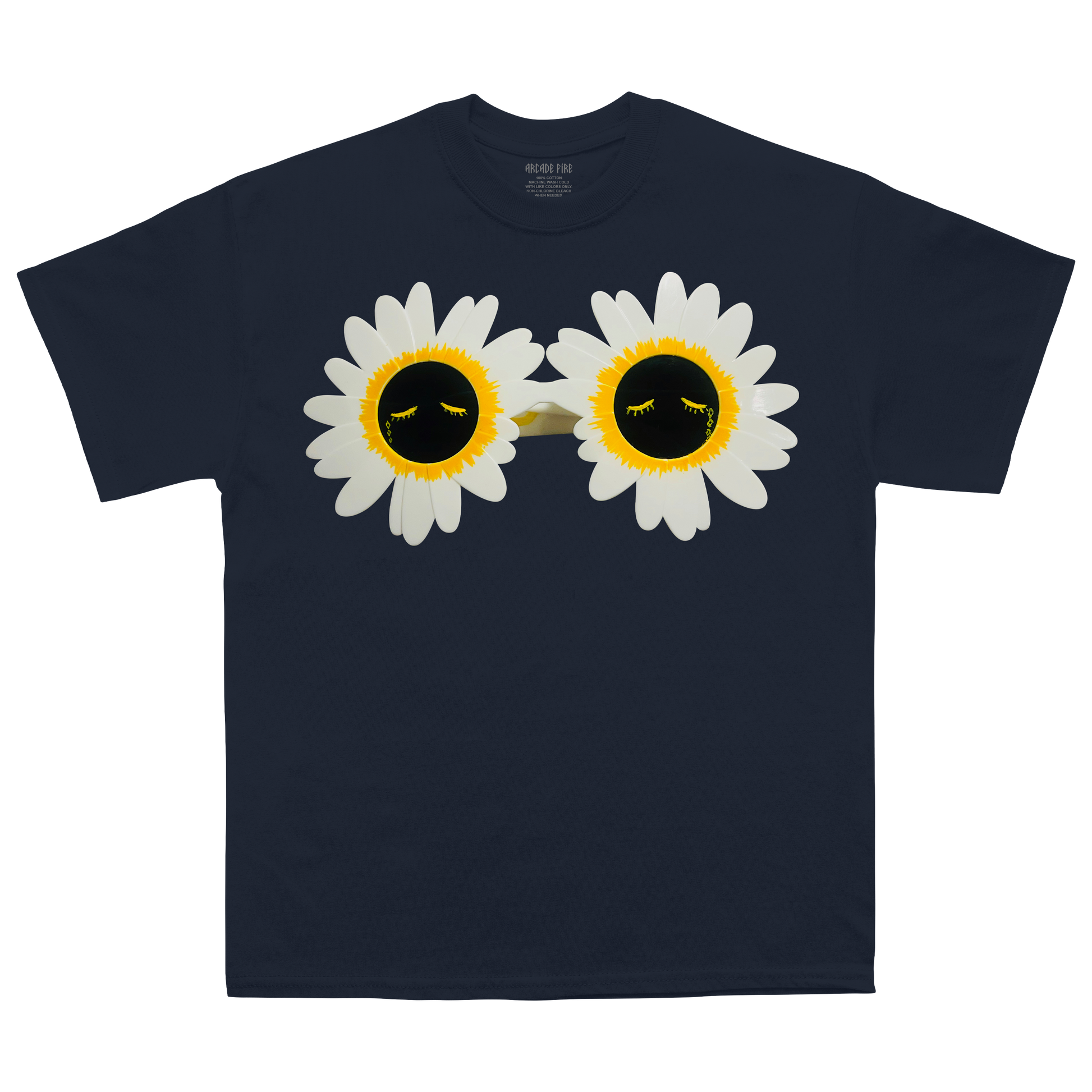 Navy unisex t-shirt featuring a Flower Power print across the front and Arcade Fire 2025 tour dates across the back.