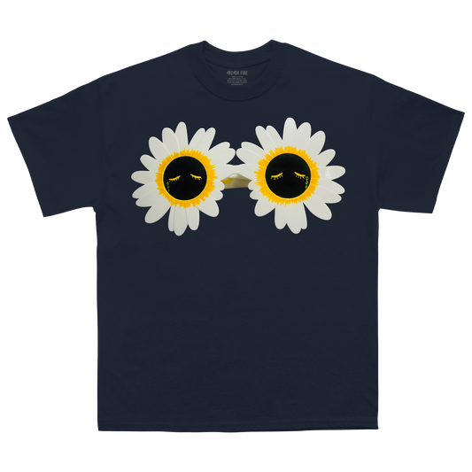 Navy unisex t-shirt featuring a Flower Power print across the front and Arcade Fire 2025 tour dates across the back.