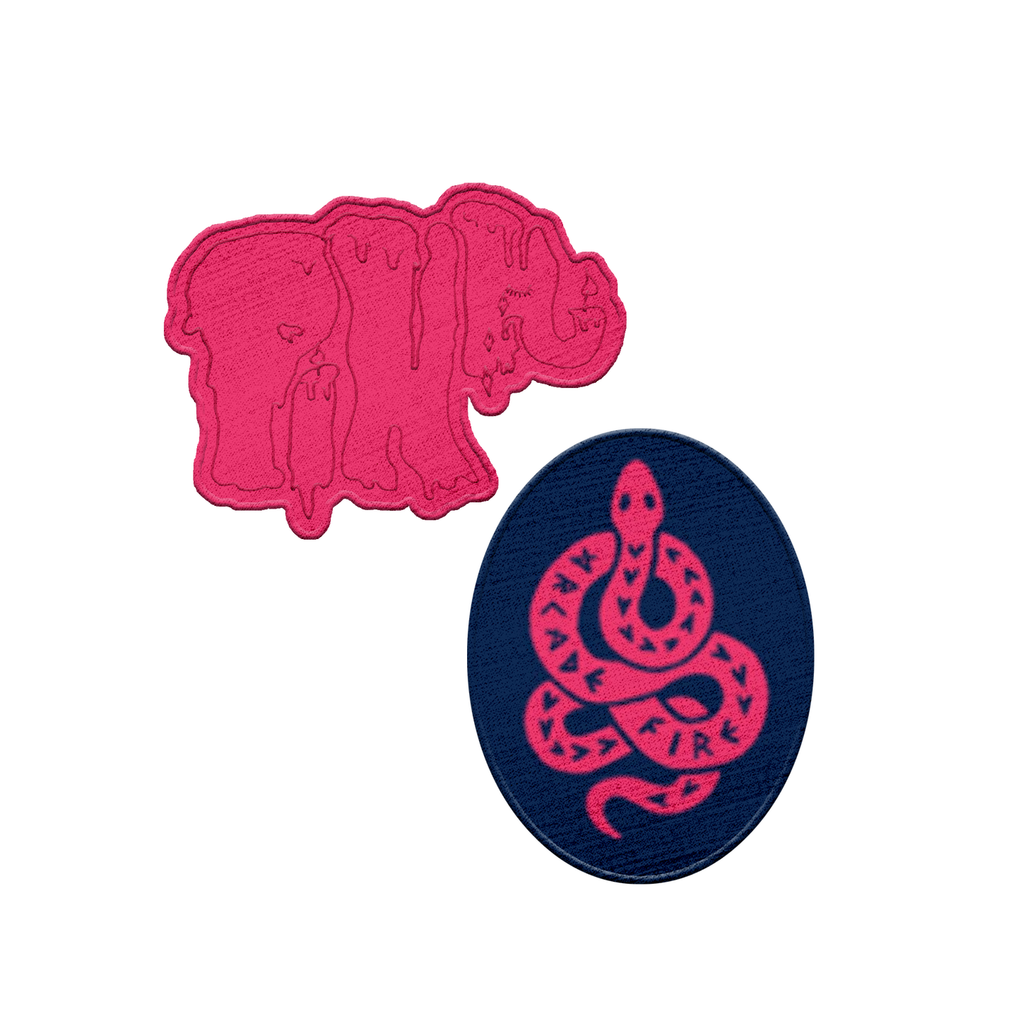 Arcade Fire patches featuring a pink elephant and a pink snake. Pack of two.