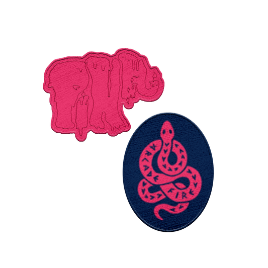 Arcade Fire patches featuring a pink elephant and a pink snake. Pack of two.
