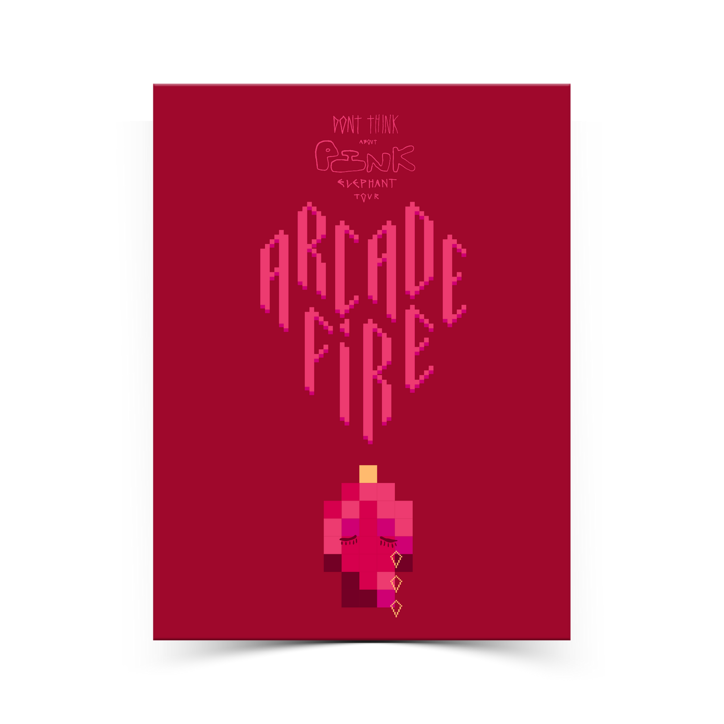 Red poster with Arcade Fire print.