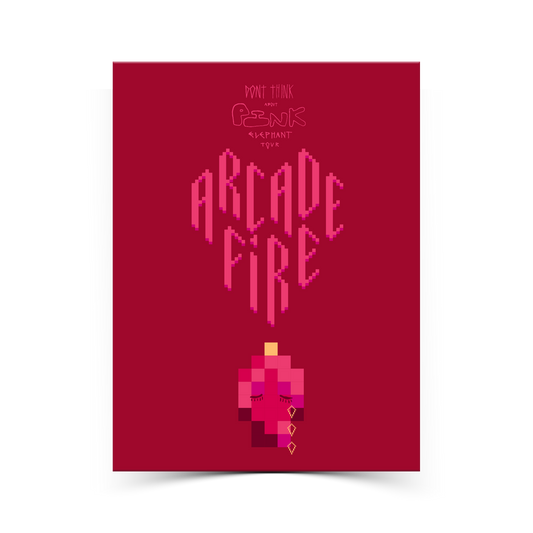 Red poster with Arcade Fire print.