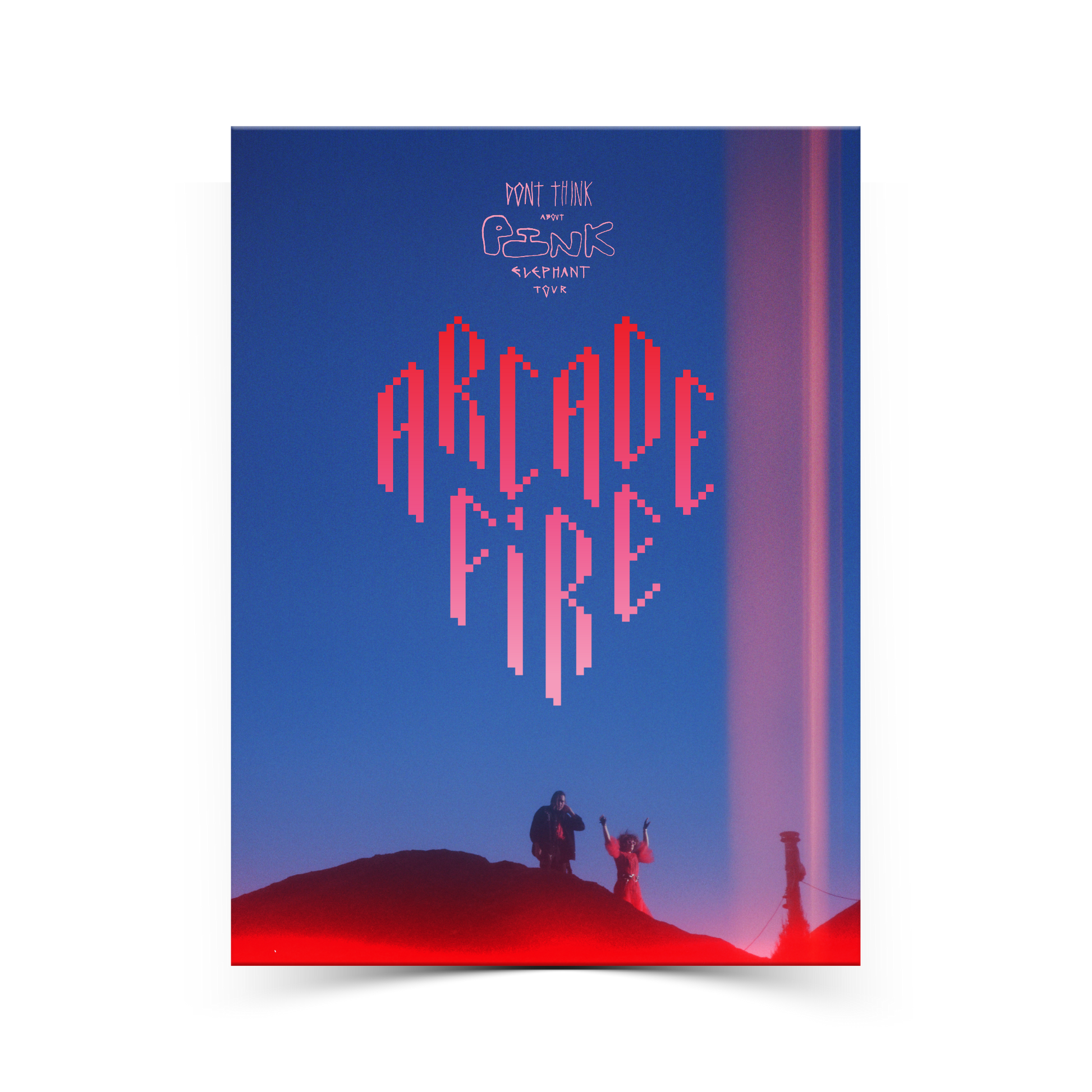 Arcade Fire poster with a motive of the band and 'Don't think about pink elephant' text.