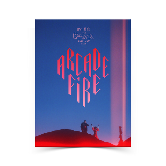 Arcade Fire poster with a motive of the band and 'Don't think about pink elephant' text.