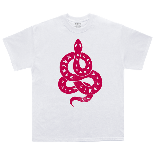 White unisex t-shirt featuring a pink snake print across the front and a pink text print on the back featuring "If you feel strange it's probably good" lyrics.