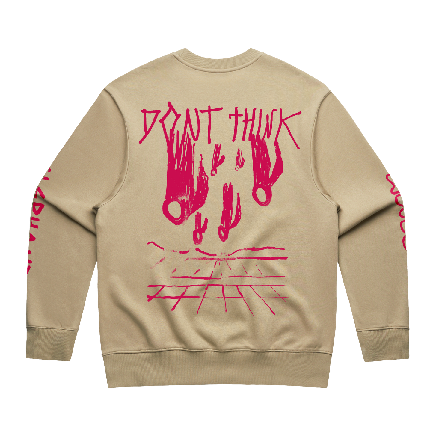 Arcade Fire - Beige unisex crewneck with pink Arcade Fire "Don't Think" print across the back, and pink text print across the sleeves.