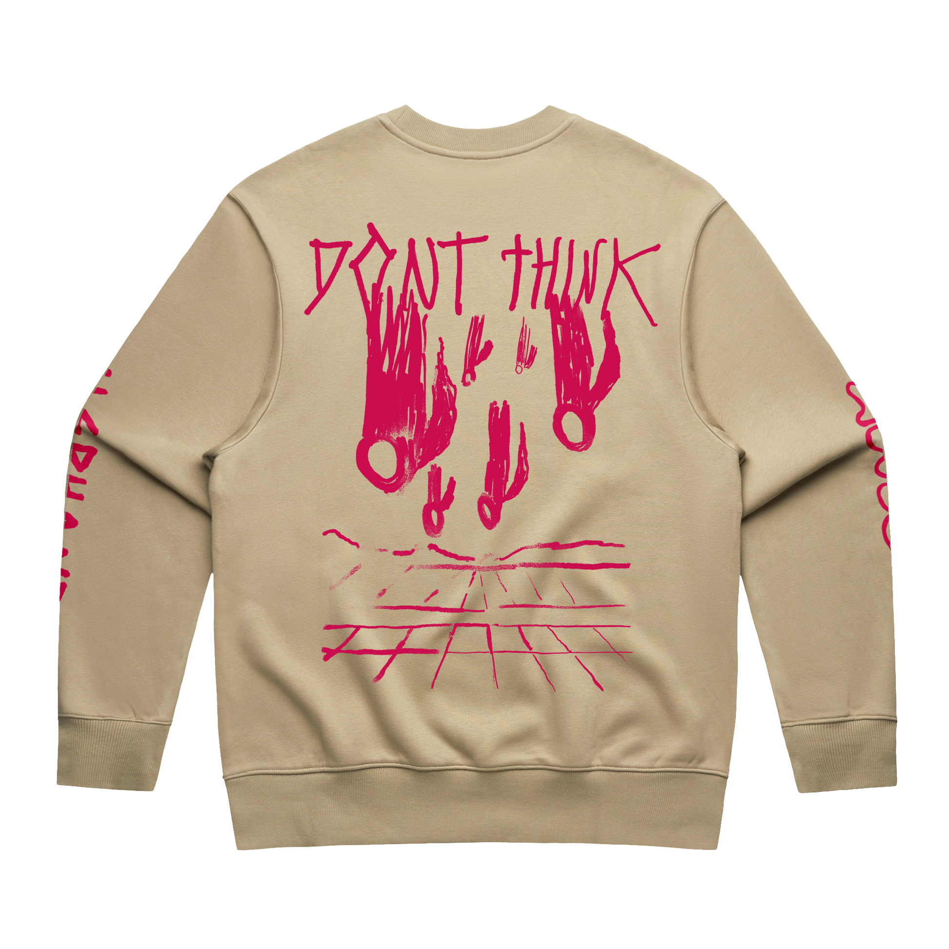 Arcade Fire - Beige unisex crewneck with pink Arcade Fire "Don't Think" print across the back, and pink text print across the sleeves.