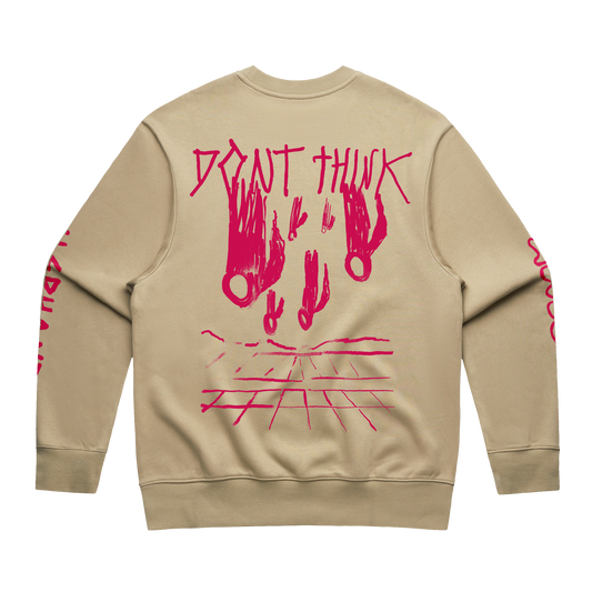 Arcade Fire - Beige unisex crewneck with pink Arcade Fire "Don't Think" print across the back, and pink text print across the sleeves.