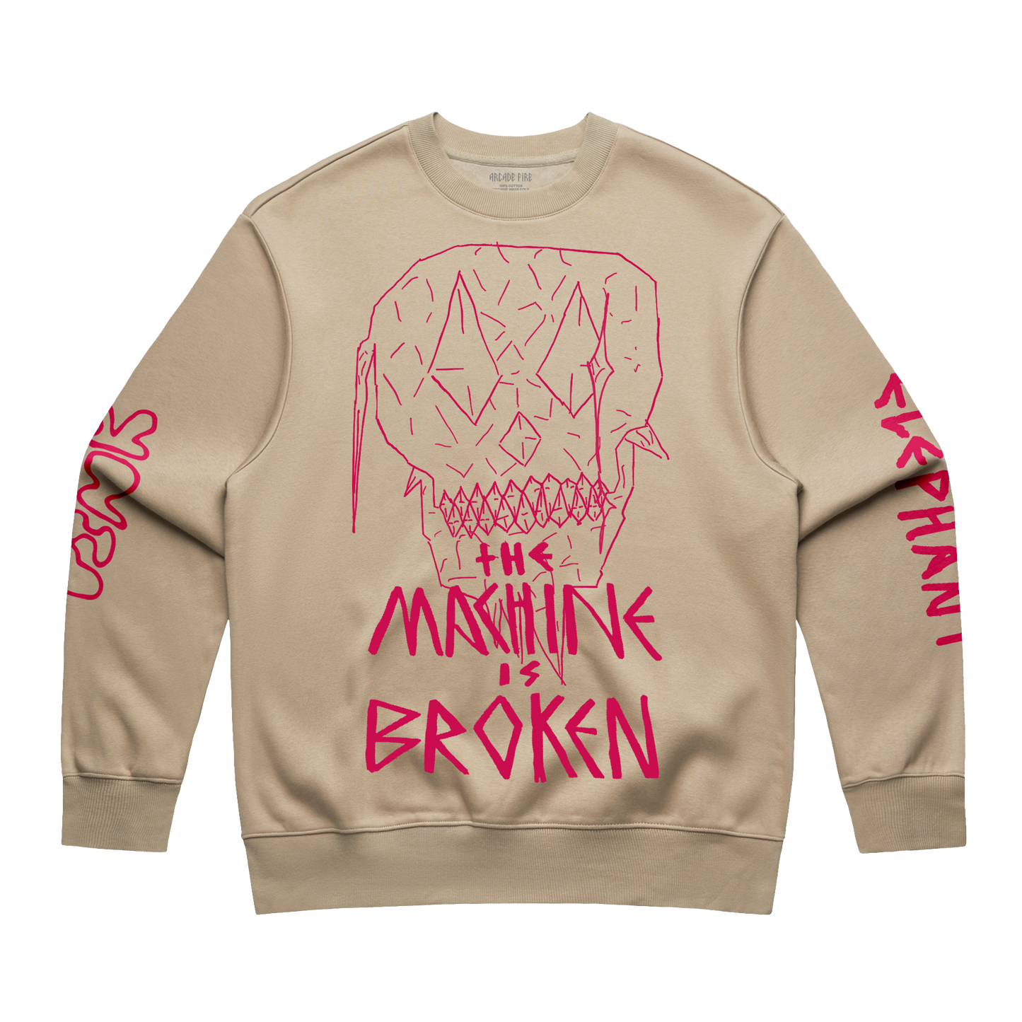 Arcade Fire - Beige unisex crewneck with pink Arcade Fire "Machine is Broken" skull print across the front, and pink text print across the sleeves.