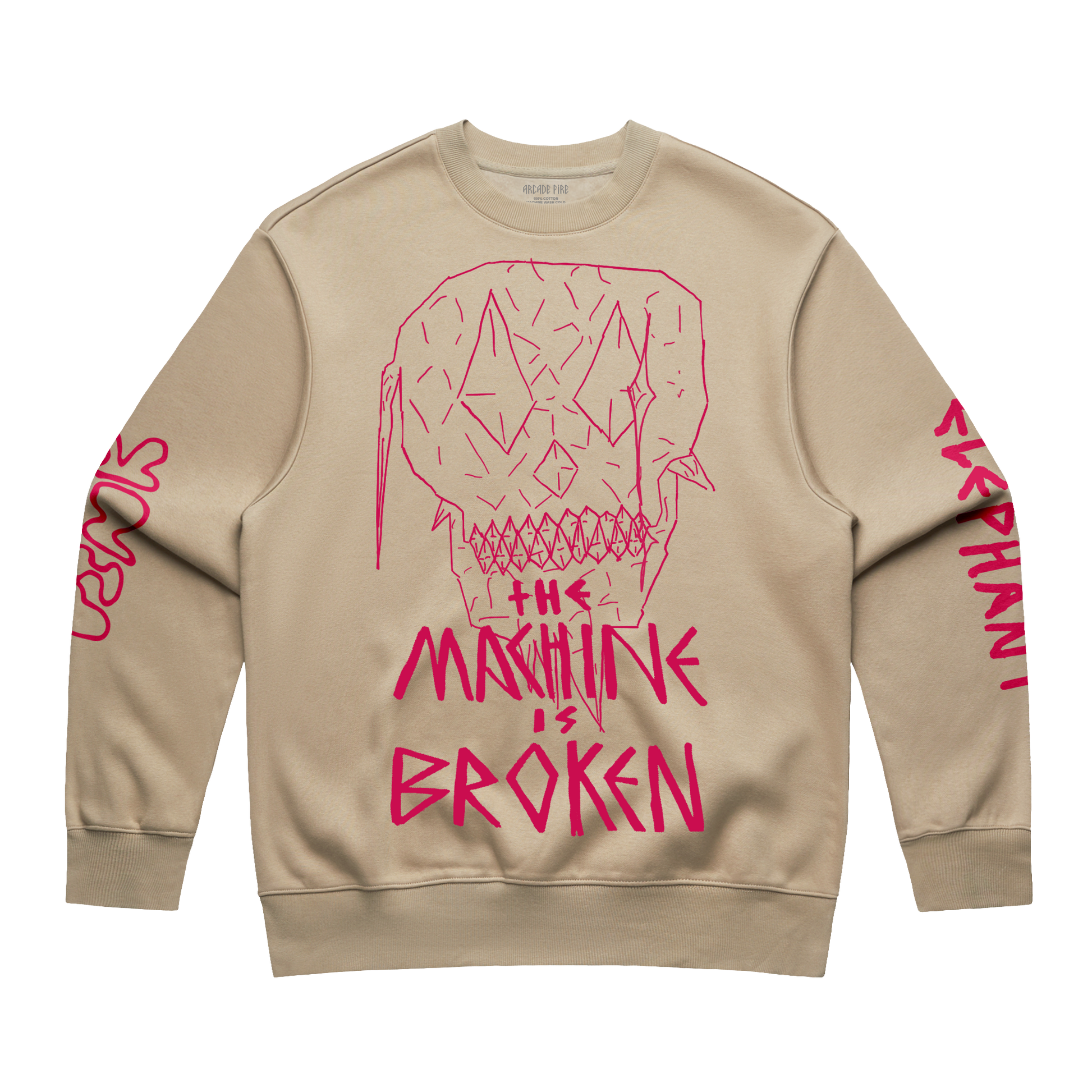 Arcade Fire - Beige unisex crewneck with pink Arcade Fire "Machine is Broken" skull print across the front, and pink text print across the sleeves.