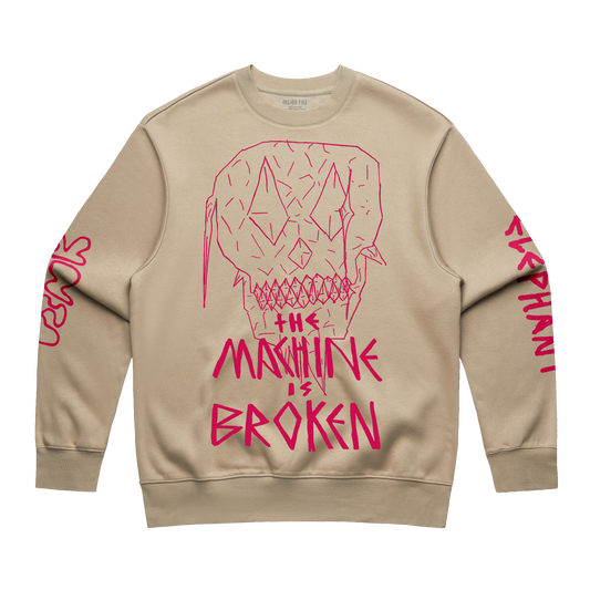 Arcade Fire - Beige unisex crewneck with pink Arcade Fire "Machine is Broken" skull print across the front, and pink text print across the sleeves.