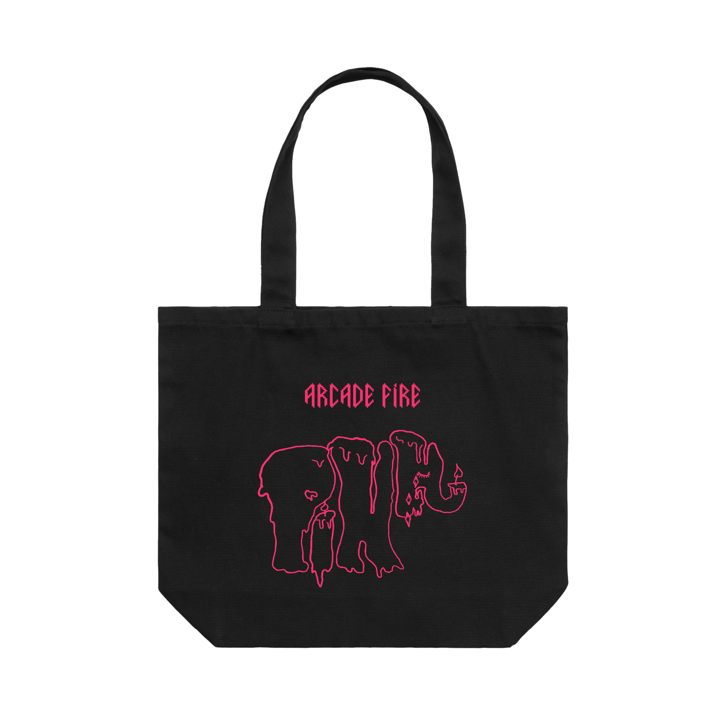 Black tote bag featuring pink text reading "the machine is broken" printed on one side and an Arcade Fire elephant print on the other.