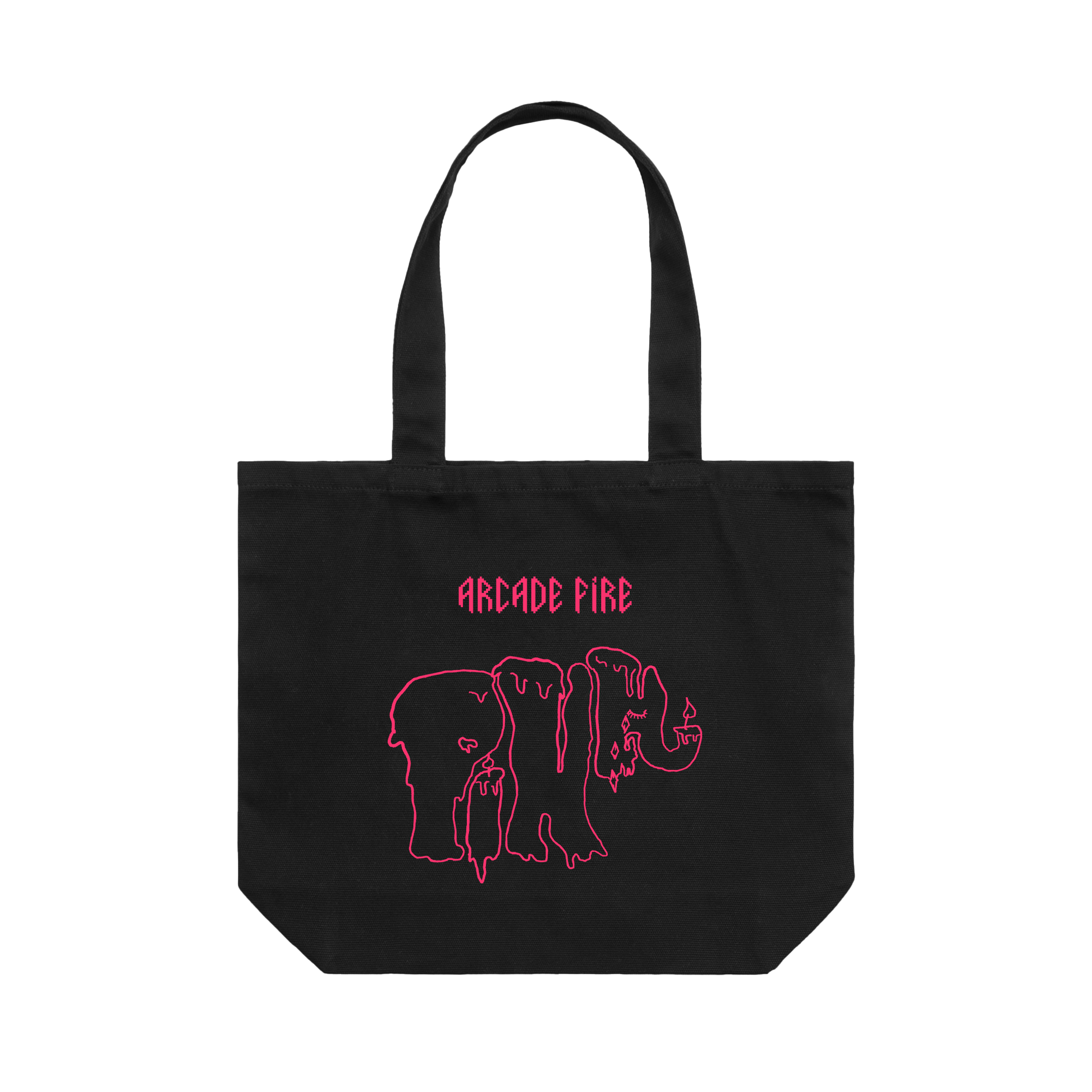 Black tote bag featuring pink text reading "the machine is broken" printed on one side and an Arcade Fire elephant print on the other.