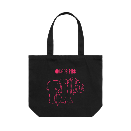 Black tote bag featuring pink text reading "the machine is broken" printed on one side and an Arcade Fire elephant print on the other.