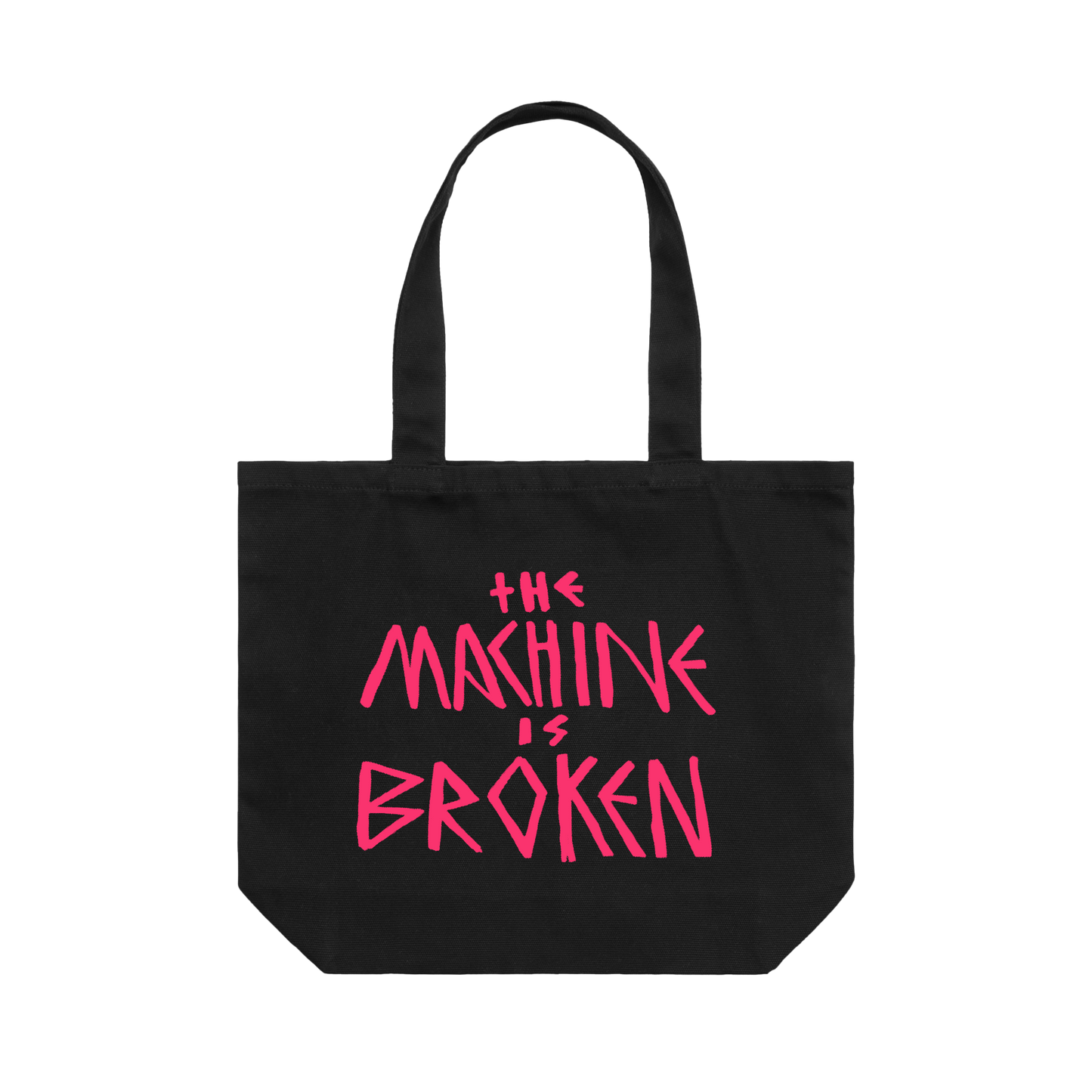 Black tote bag featuring pink text reading "the machine is broken" printed on one side and an Arcade Fire elephant print on the other.