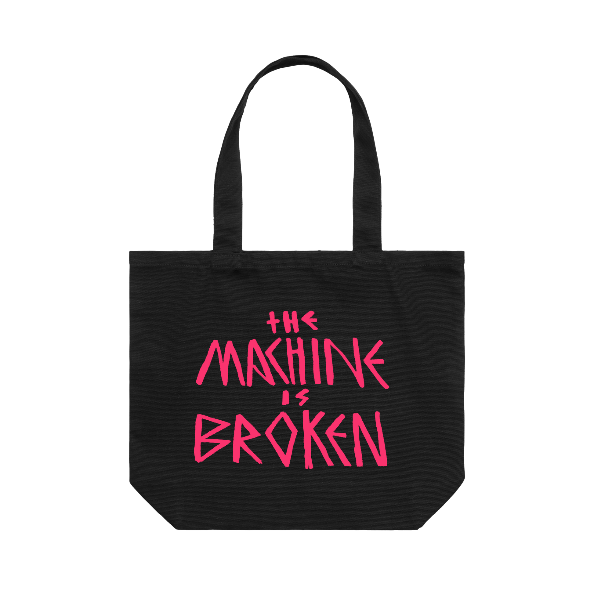 Black tote bag featuring pink text reading "the machine is broken" printed on one side and an Arcade Fire elephant print on the other.