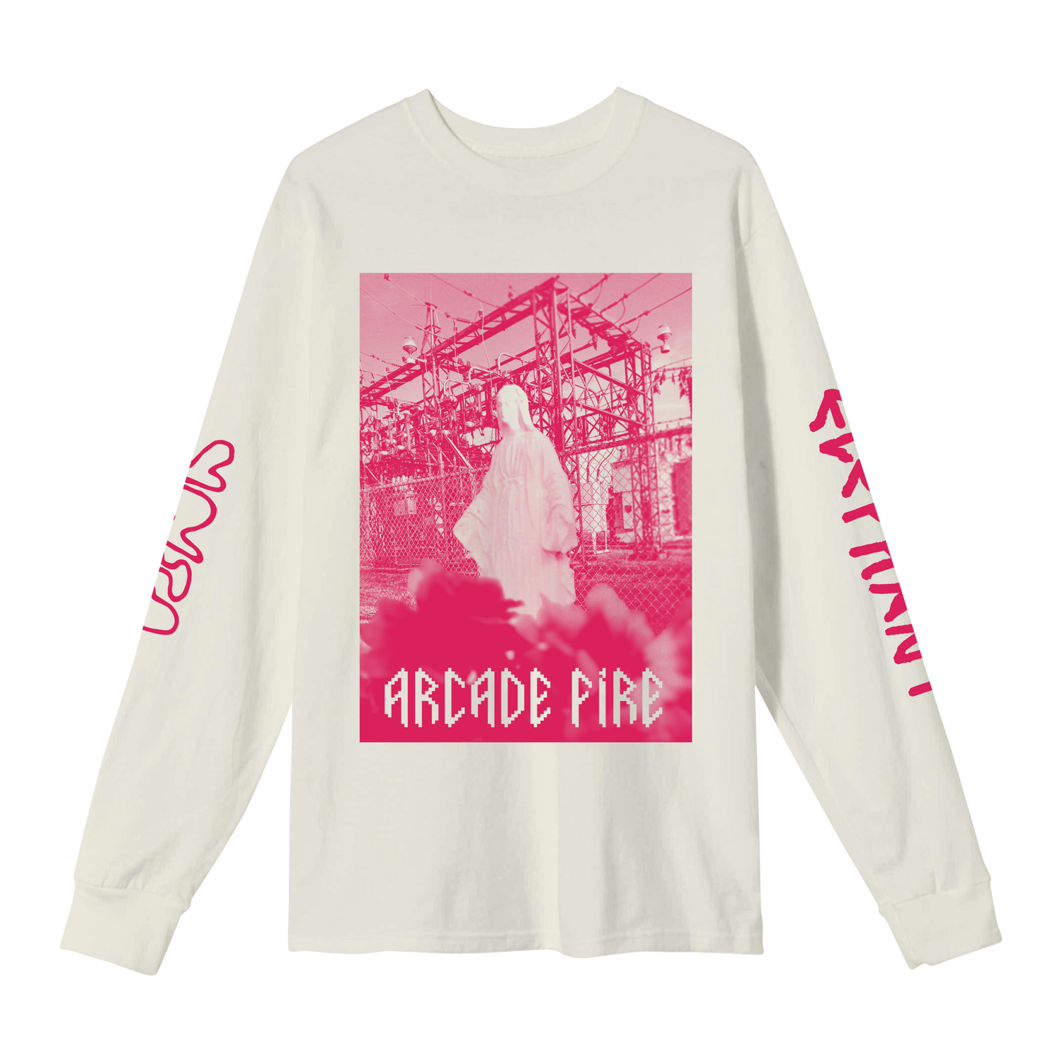 Arcade Fire - White unisex Long-sleeve t-shirt with pink Arcade Fire print across the front, and pink text print across the sleeves.